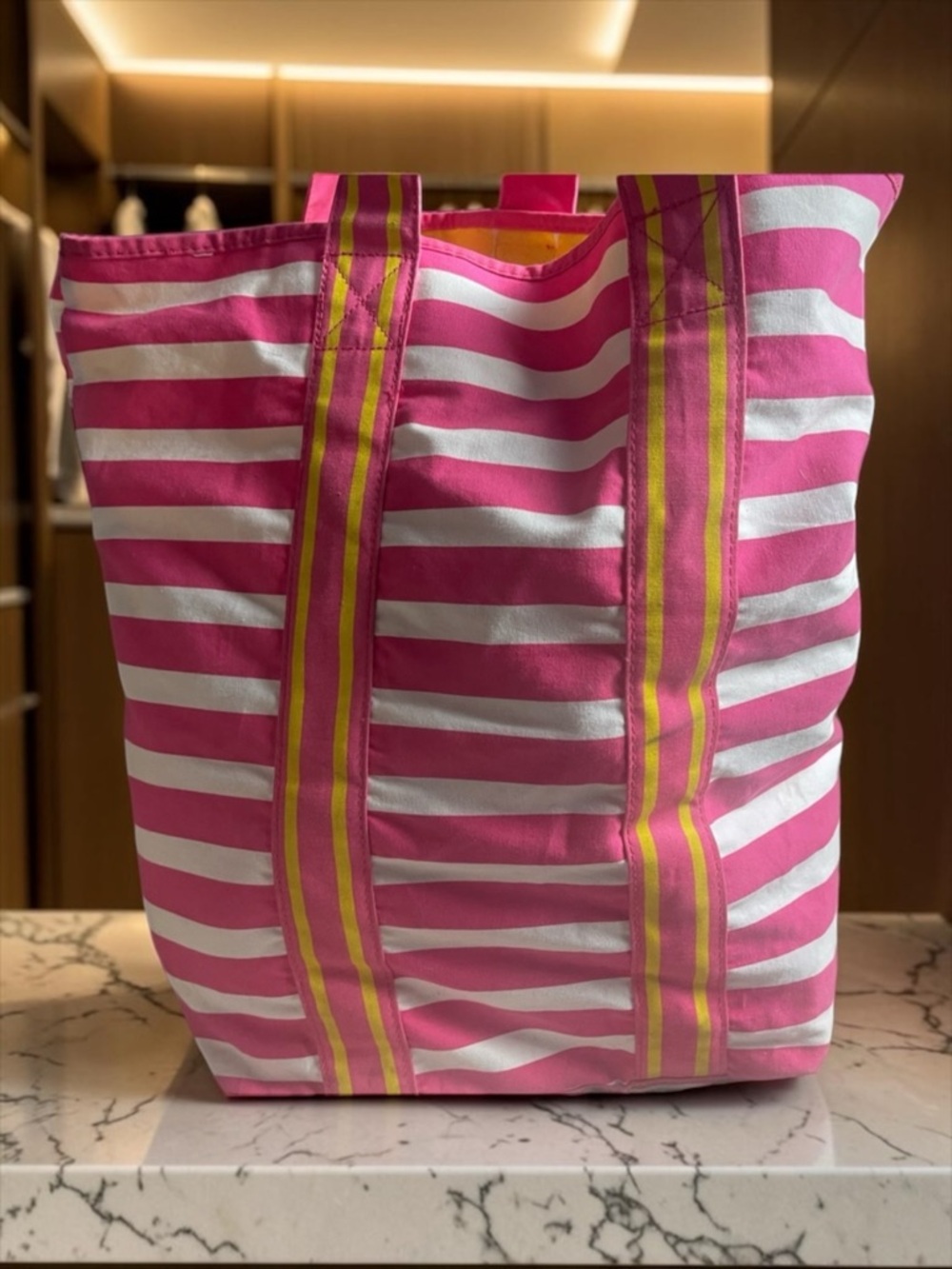 Bed Bath & Beyond Pink and White Tote with Yellow Accents